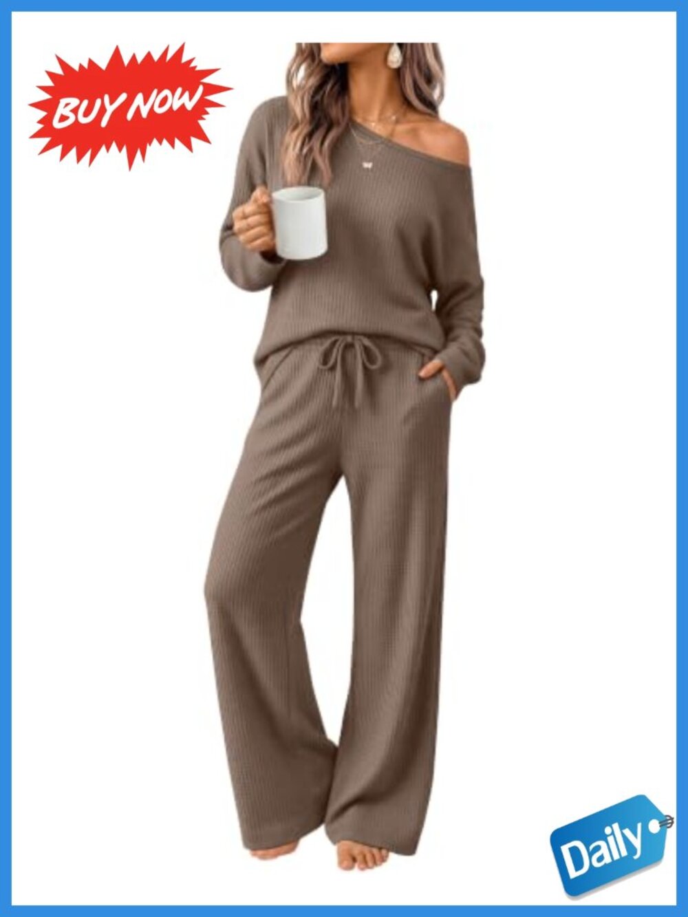 Waffle Knit 2 Piece Lounge Set Off Shoulder Top Wide Leg Pants
